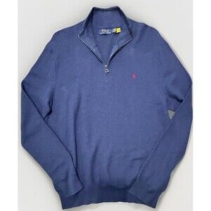 Polo Ralph Lauren Mens Large Blue Quarter Zip Sweater Heavy Knit Cotton Red Pony